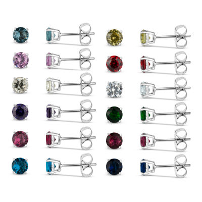 Sterling Silver 5mm Round Simulated Gemstone 12 Earring Pair Set