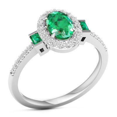 Womens Genuine Green Emerald 10K White Gold 3-Stone Cocktail Ring