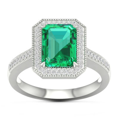 Womens Lab Created Green Emerald Sterling Silver Cocktail Ring