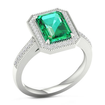 Womens Lab Created Green Emerald Sterling Silver Cocktail Ring