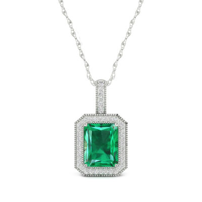 Womens Lab Created Green Emerald Sterling Silver Pendant Necklace