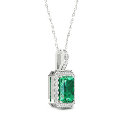 Womens Lab Created Green Emerald Sterling Silver Pendant Necklace