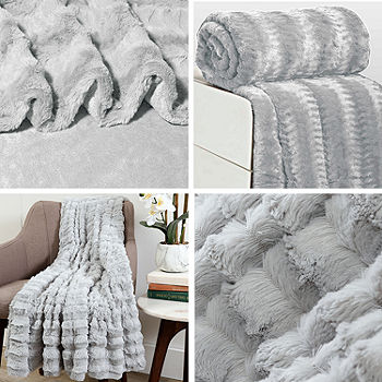 Swift Home Reversible Embossed Faux Fur and Micro-Mink Plush Throw Blanket,  Color: Light Gray - JCPenney