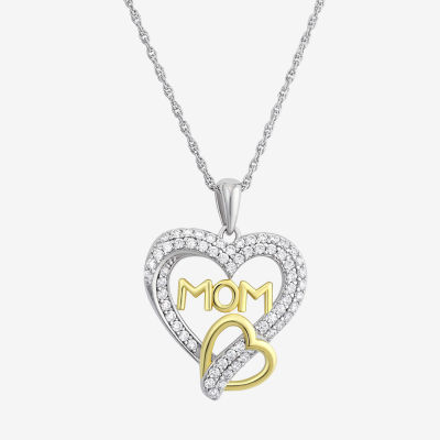 Diamonart "Mom" Womens White Cubic Zirconia Sterling Silver Heart Pendant Necklace