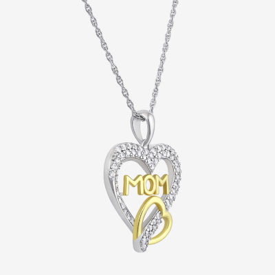 Diamonart "Mom" Womens White Cubic Zirconia Sterling Silver Heart Pendant Necklace