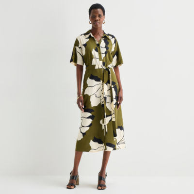 Worthington Womens Short Sleeve Tie Belt Shirt Dress
