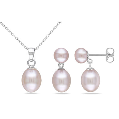 Pink Cultured Freshwater Rice Pearl Button Earrings & Pendant Necklace ...