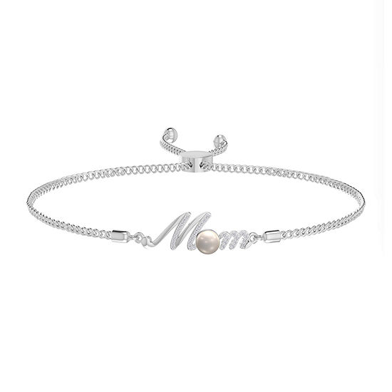 "Mom" Diamond Accent White Cultured Freshwater Pearl Sterling Silver Bolo Bracelet
