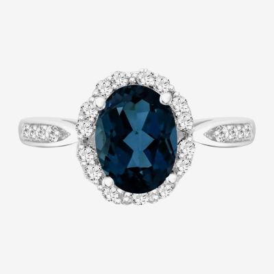 Womens Genuine Blue Topaz Sterling Silver Halo Cocktail Ring