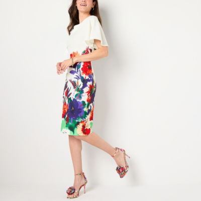 Maya Brooke Womens Short Sleeve Floral Sheath Dress