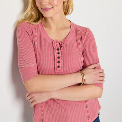 Frye and Co. Womens Henley Neck Elbow Sleeve Blouse