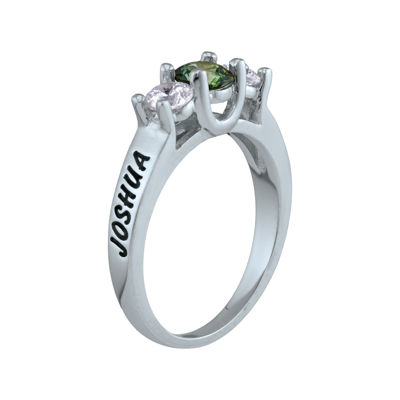 Personalized Simulated Birthstone and Cubic Zirconia 3-Stone Engraved Ring