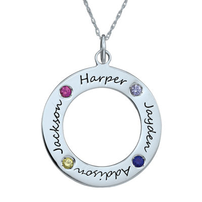 Personalized Simulated Birthstone Engraved Family Pendant Necklace