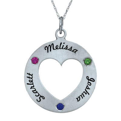 Personalized Simulated Birthstone Engraved Open Heart Pendant Necklace