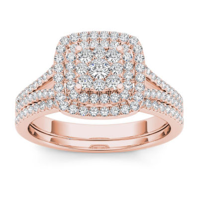 Womens 1/2 CT. T.W. Natural White Diamond 10K Rose Gold Cushion Side Stone Halo Bridal Set
