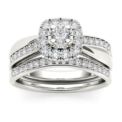 Womens CT. T.W. Natural Diamond 10K White Gold Cushion Side Stone Halo Bridal Set