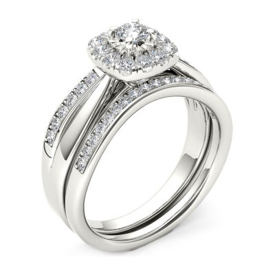 Womens 5/8 CT. T.W. Natural White Diamond 10K White Gold Cushion Side Stone Halo Bridal Set
