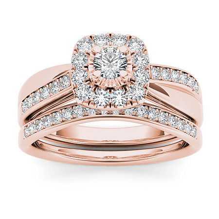 Womens 5/8 CT. T.W. Natural White Diamond 10K Rose Gold Cushion Halo Bridal Set, 6 1/2, Rose