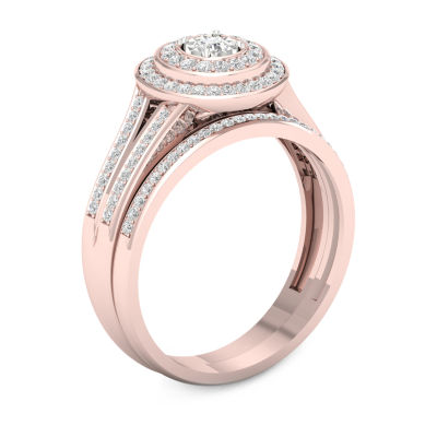 Womens 1/3 CT. T.W. Natural White Diamond 10K Rose Gold Round Side Stone Halo Bridal Set