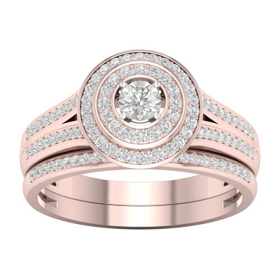 Womens 1/3 CT. T.W. Natural White Diamond 10K Rose Gold Round Side Stone Halo Bridal Set