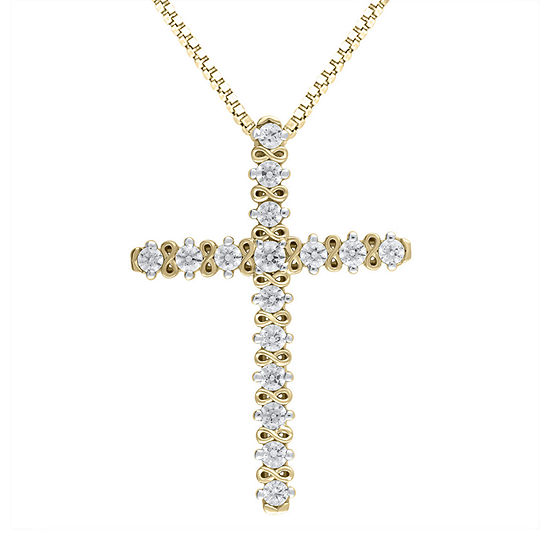 Womens 1/2 CT. T.W. Mined White Diamond 10K Gold Cross Pendant Necklace