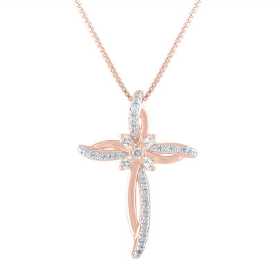 Womens 1/10 CT. T.W. Natural White Diamond 14K Rose Gold Over Silver Cross Pendant Necklace