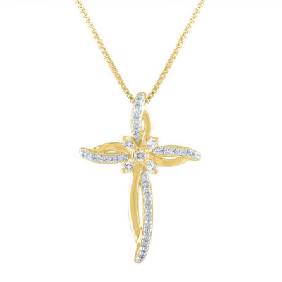 Womens 1/10 CT. T.W. Natural White Diamond 14K Gold Over Silver Cross 18 Inch Pendant Necklace