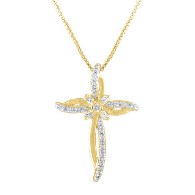 Womens 1/10 CT. T.W. Natural White Diamond 14K Gold Over Silver Cross Pendant Necklace