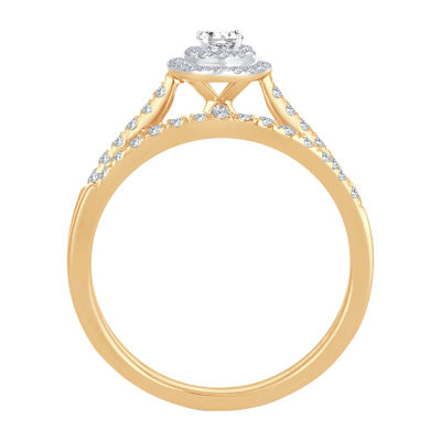 Womens 1/2 CT.T.W. Natural Diamond 10K or 14K Gold Oval Side Stone Halo Bridal Set