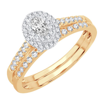 Womens 1/2 CT.T.W. Natural Diamond 10K or 14K Gold Oval Side Stone Halo Bridal Set