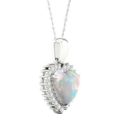 Womens Lab Created White Opal Sterling Silver Heart Pendant Necklace