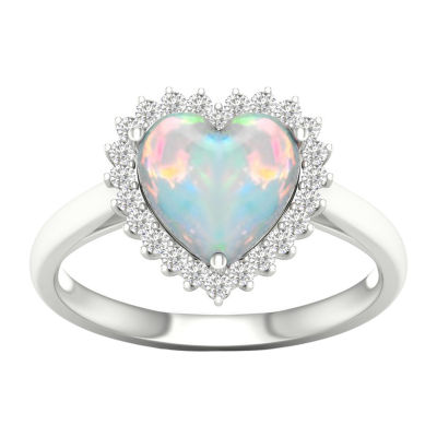 Womens Lab Created White Opal Sterling Silver Heart Cocktail Ring