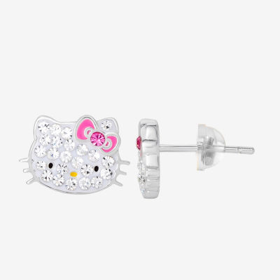 Girls White Crystal Sterling Silver 8.1mm Hello Kitty Hoop