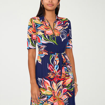 MSK Short Sleeve Floral Midi Fit + Flare Dress