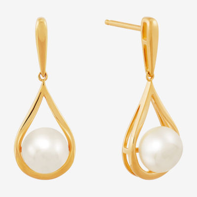 White Cultured Freshwater Pearl 14K Gold Over Silver Drop Earrings