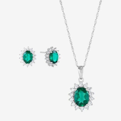 Lab Created Green Emerald Sterling Silver Oval Jewelry Set