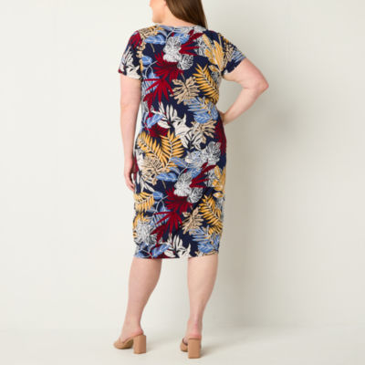 R & K Originals Plus Short Sleeve Floral Puff Print Midi Sheath Dress