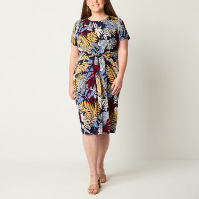 R & K Originals Plus Short Sleeve Floral Puff Print Midi Sheath Dress