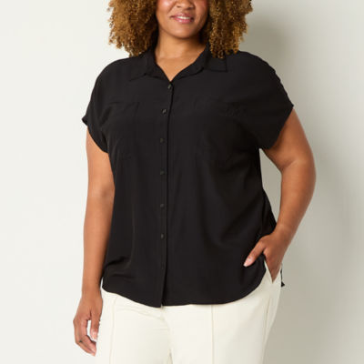 Worthington Plus Womens Short Sleeve Regular Fit Button-Down Shirt