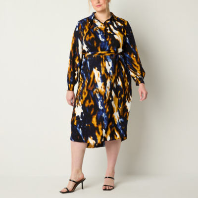 Worthington Womens Long Sleeve Animal Midi Shirt Dress Plus