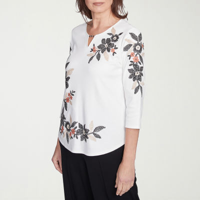 Alfred Dunner Natural Instinct Womens Split Crew Neck 3/4 Sleeve T-Shirt