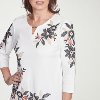 Alfred Dunner Natural Instinct Womens Split Crew Neck 3/4 Sleeve T-Shirt