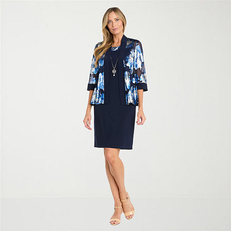 R & M Richards Womens 3/4 Sleeve Floral Jacket Dress With Removable Necklace