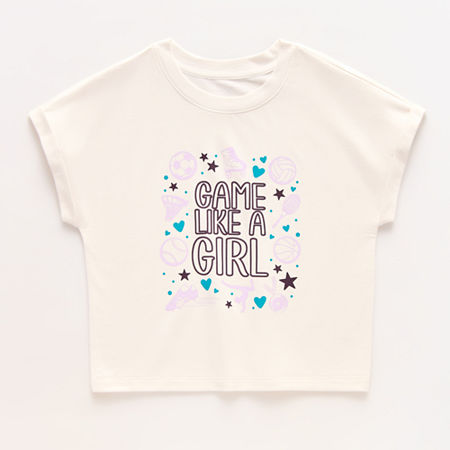 Xersion French Terry Little & Big Kid Girls Crew Neck Short Sleeve Active T-Shirt, Small (7-8), Beige