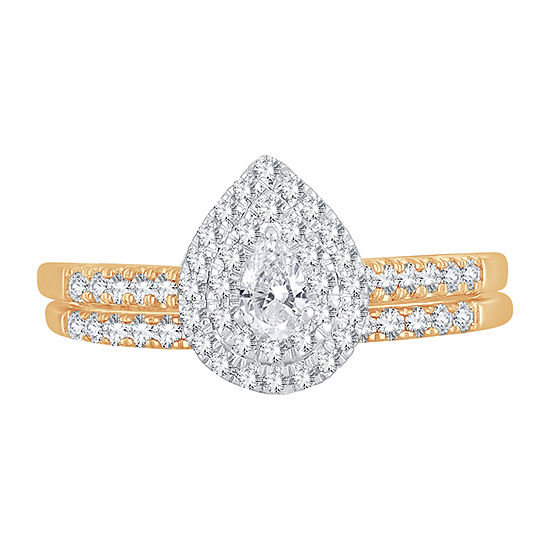 Womens 1/2 CT. T.W. Genuine White Diamond 10K Gold Pear Side Stone Halo Bridal Set