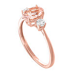 Womens Genuine Pink Morganite 10K Rose Gold Sterling Silver Oval Side Stone Cocktail Ring