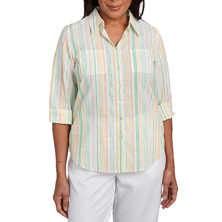 Alfred Dunner Rise And Shine Womens 3/4 Sleeve Button-Down Shirt