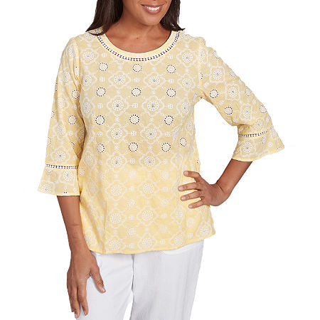 Alfred Dunner Rise And Shine Womens Crew Neck 3/4 Sleeve Embroidered Blouse
