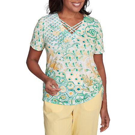 Alfred Dunner Rise And Shine Womens V Neck Short Sleeve T-Shirt, Petite X-large, Green