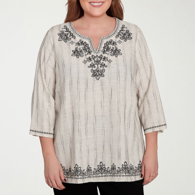 Alfred Dunner Plus Natural Instinct Womens Split Crew Neck 3/4 Sleeve Embroidered Blouse